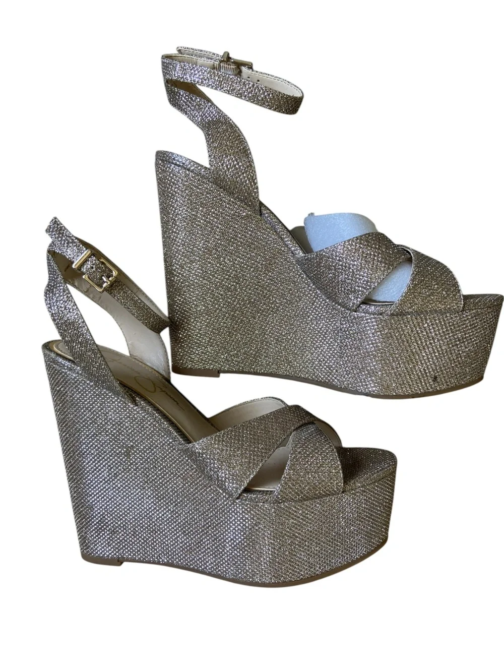 Jessica Simpson Prena Gold Platform Wedge Sandals Size 7 NWOT Glam Cocktail Fun